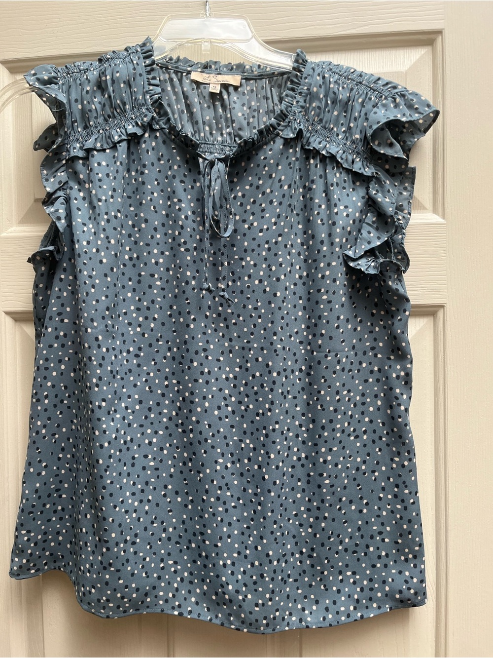 Ruffled Tie-Neck Polka Dot Blouse - Blue